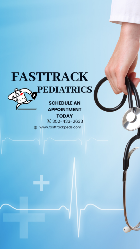 The Words Fast Track pediatrics and Website address fasttrackpeds.com with phone number 3524332633. Image of a doctor and the fasttrack pediatrics logo 